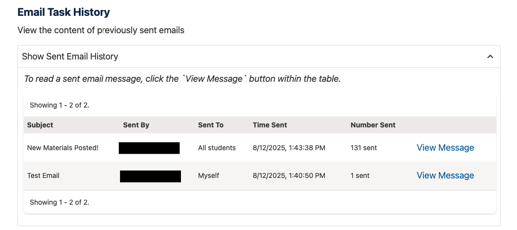A tabular list of sent messages, with columns for subject, sent by, time sent, and number sent.