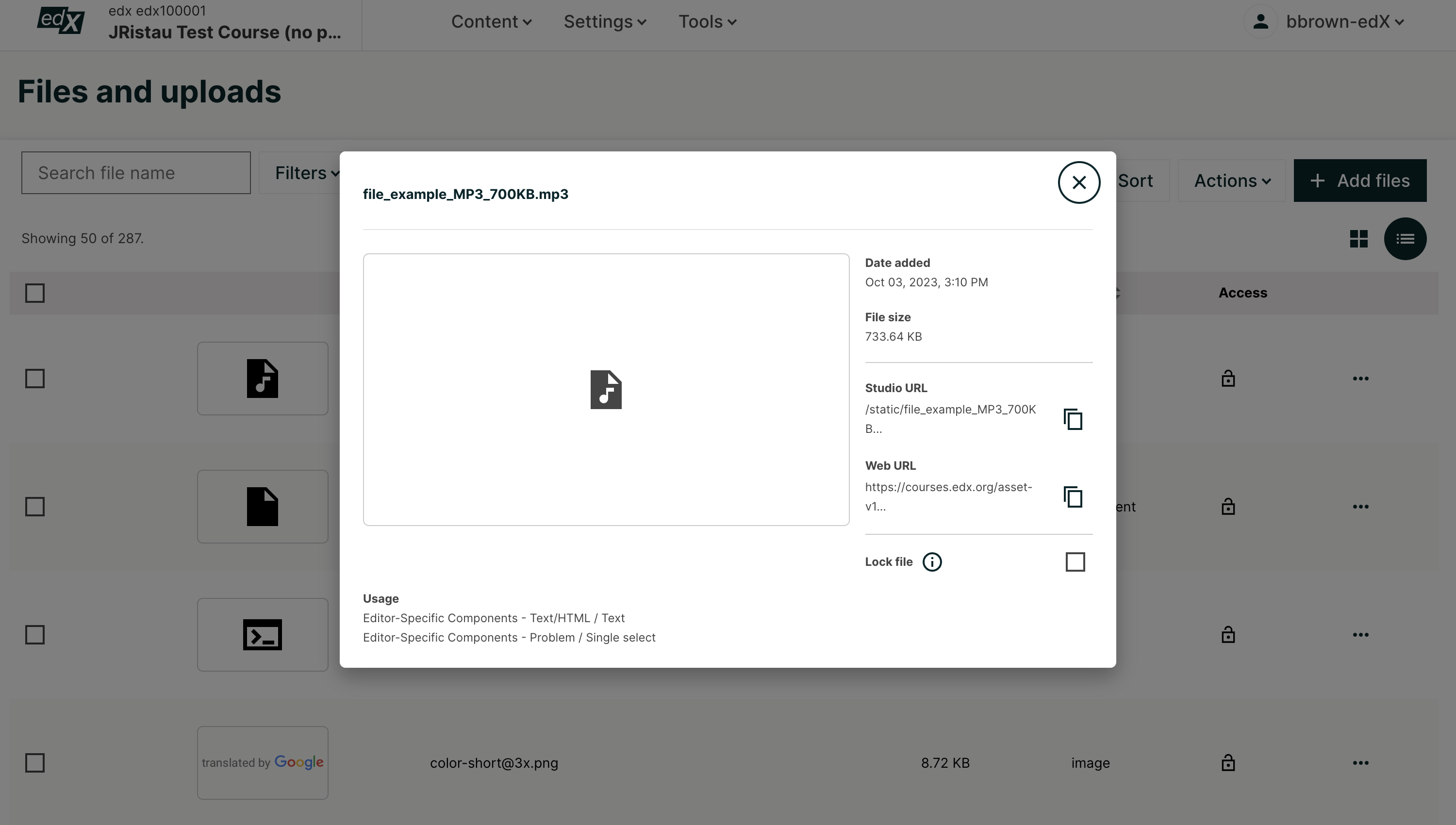 When you first select the three dot menu, then select Info, this Info modal appears. The Info modal provides details such as date added, file size, Studio URL, Web URL, ability to lock a file, as well as usage data within the course.