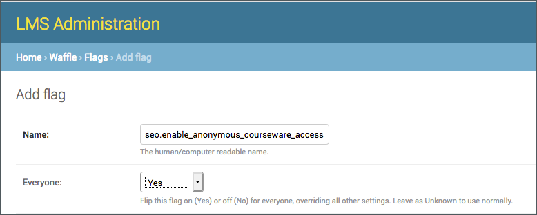 Setting a waffle flag in the Django LMS Admin.