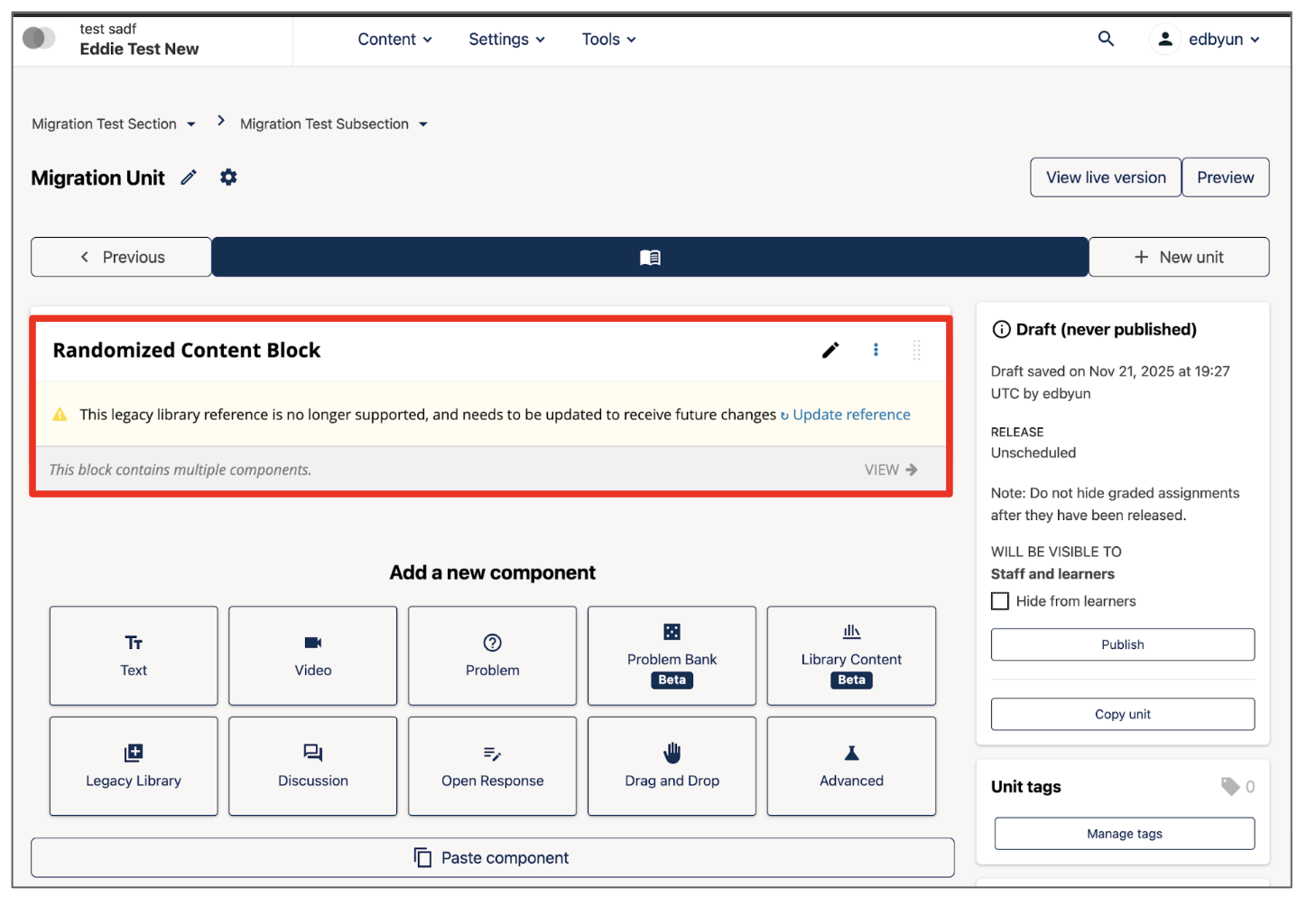 The Studio Unit page of a piece of content that uses content from a Legacy Library. There is a link to "Update reference" from the Legacy Library to the New Library.