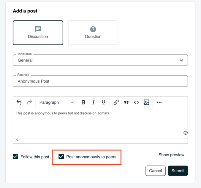 A screenshot of a learner posting an anonymous discussion forum message