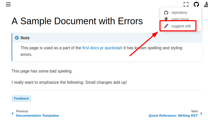 A screenshot of the sample page with the 'suggest edit' link highlighted.