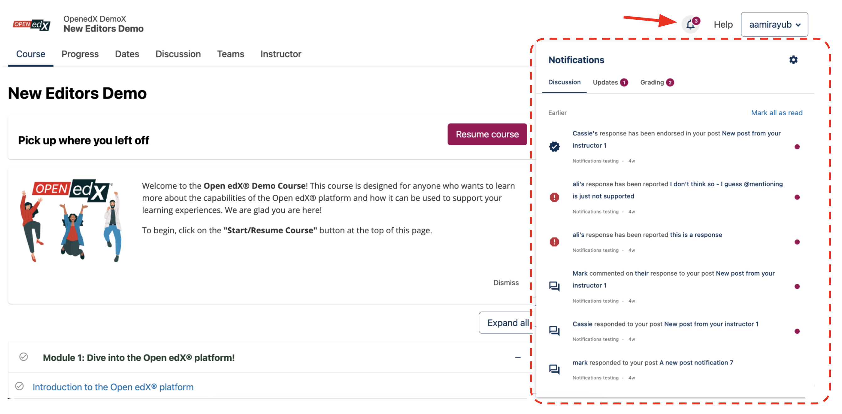 The notifications tray appears to the right of course content
