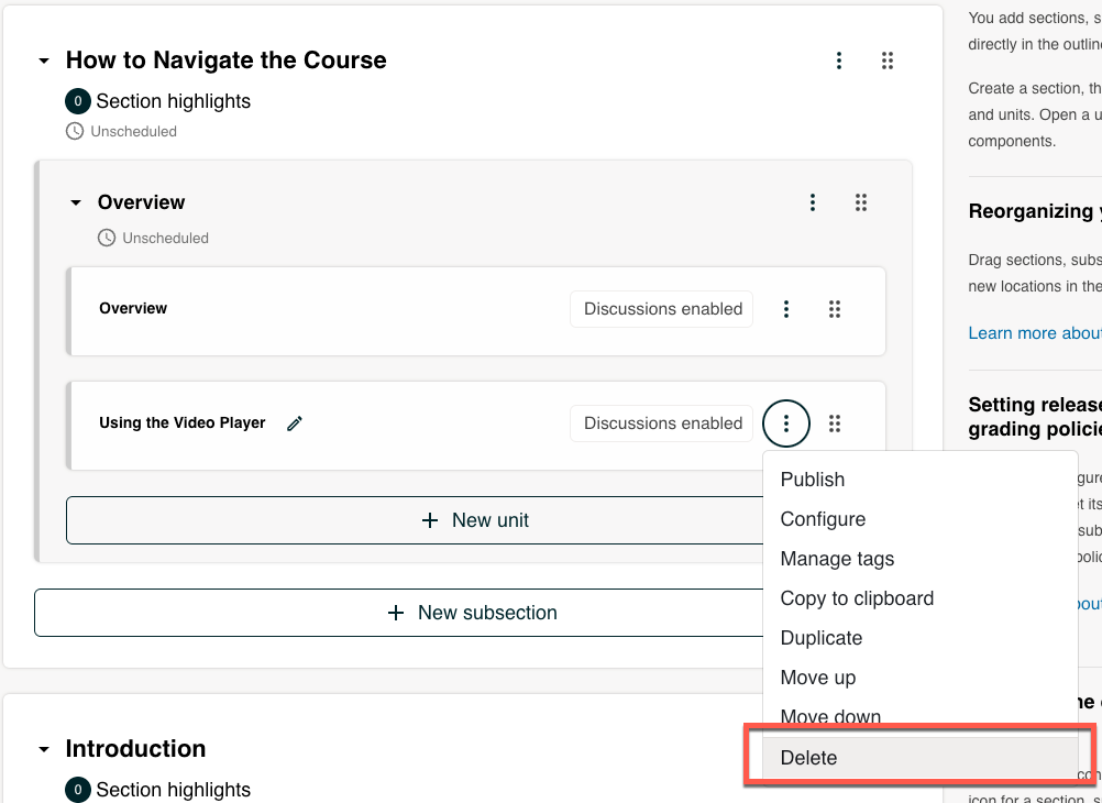 The Course Outline page with the Delete option for a unit highlighted.